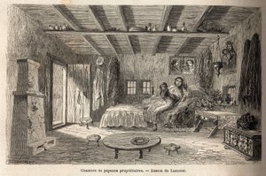 Et hus med eierbønder, i nærheten av Orezu (Walachia-regionen, Romania). Gravering for å illustrere reisen fra Paris til Bucuresti, av Lancelot, tegner, i 1860, publisert i "Le tour du monde, nouveau journal des voyages", under ledelse av o av Dieudonne Auguste Lancelot