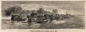 En landsby med møller ved Donau, tegnet av Lancelot, for å illustrere Victor Duruys reise fra Paris til Bucuresti i 1860. Gravering i «» Le tour du monde», redigert av Edouard Charton av Dieudonne Auguste Lancelot