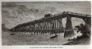 En trebro over Donau, mellom Passau og Wien, tegning av Lancelot, for å illustrere Victor Duruys reise fra Paris til Bucuresti i 1860. Gravering i “” Le tour du monde””, redigert av Edouard Charton av Dieudonne Auguste Lancelot