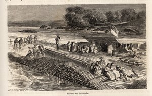 En treflåte på Donau, for transport av varer og mennesker, tegning av Lancelot, for å illustrere Victor Duruys reise fra Paris til Bucuresti i 1860. Gravering i “” Le tour du monde””, redigert av Edouard Charton