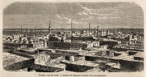 Generell utsikt over Tripoli, tegning av Lancelot, for å illustrere tripolitanske vandringer, i 1860, til Baron de Krafft. Gravering i “” Le tour du monde”” 1861. Selvas samling. av Dieudonne Auguste Lancelot