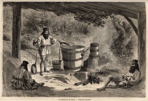 Produksjon av rakiou, kornalkohol, slags snaps veldig vanlig i Romania. Gravering for å illustrere reisen fra Paris til Bucuresti, av Lancelot, tegner, i 1860, publisert i "Le tour du monde, nouveau journal des voyages", under instruksen