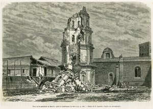 Tower of the Cathedrale of Manila, etter jordskjelvet 18. juli 1880. Gravering av Lancelot for å illustrere historien Lucon og Palaouan, seks år på Filippinene, av Alfred Marche