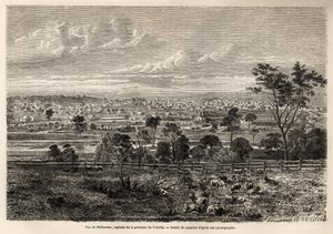 Utsikt over Melbourne (Australia), tegning av Lancelot, for å illustrere minnene om en fransk husokkupant i Australia, i 1854-1859, av M. de Castella. Gravering i “” Le tour du monde”” 1861. Selvas samling. av Dieudonne Auguste Lancelot