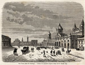 Utsikt over et torg i Santiago (Chile), tegning av Lancelot, for å illustrere reisen til Sør-Amerika, i 1823, av Giovanni Mastai Ferretti (1792-1878, fremtidig Pius IX). Gravering i "" Le tour du monde, nouveau journal des voyages"" Paris av Dieudonne Auguste Lancelot