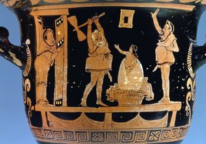 Klokkekrater med rød figur: dekorasjonsdetalj som viser en scene fra et skuespill, apulisk keramikkdetalj av 85027 av Dijon Painter