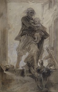 Markisen av Lantenac redder et barn, illustrasjon fra Quatre-vingt-treize av Victor Hugo (1802-85) (blyant, fargestift og gouache på papir)