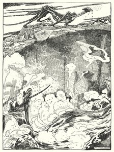"Vi så dragevalpene gå ned til bassenget for å drikke og rense seg" (gravering) av Dion Clayton Calthrop