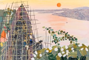 Menn ved soloppgang, India, 2020 (kollasje) av Dione Verulam