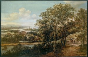 Bredt elvelandskap med en rytter og andre figurer i forgrunnen av Dionys Verburg
