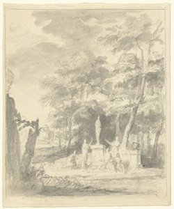 Arkadisk landskap med figurer rundt en statue av Dionys van Nijmegen (possibly)