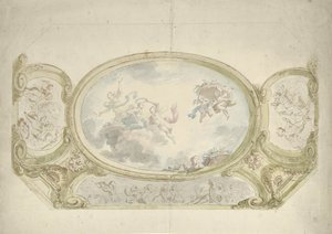 Takmaleridesign: oval med allegorisk representasjon, omgitt av scener med putti av Dionys van Nijmegen (possibly)