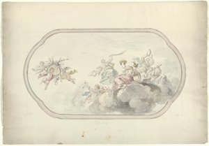 Design for et takmaleri med musikkskapende kvinner og putti med en blomsterkurv som allegori på Blijdschap