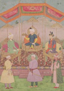 Mughal-keiser Babur og hans sønn, Humayan, indisk miniatyr fra Rajasthan, 1500-tallet av Dip Chand