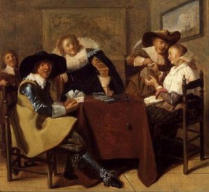 En elegant kortfest (olje på panel) av Dirck (attr. to) Hals