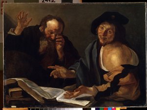 """"Heraklit og Demokrit"" De greske filosofene Heraklit fra Efesos (Heraklit) (535-475 f.Kr.) og Demokrit (Demokrit) (460-370 f.Kr.). Maleri av Theodore van Baburen (Dirk Baburen) (1570/90-1623/4) Mikalo Fine Arts Museum fra 1600-tallet av Dirck Baburen van