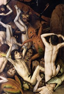 Helvete, detalj av en demon som treffer de fordømte, ca. 1450
