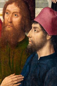 Sognekirke (Saint Peter Parish Church). maleri. Siste måltid. Dirk Bouts. 1464-1468. Detalj. sentralpanel. av Dirck Bouts