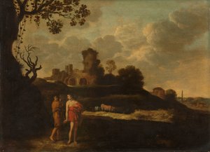 Arkadisk landskap med gjetere og storfe av Dirck Dalens (I)