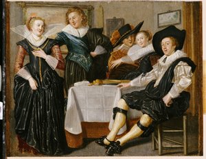 Et lystig selskap i et interiør (olje på panel) av Dirck Hals