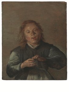 En gutt som synger og spiller klaff (olje på panel) av Dirck Hals