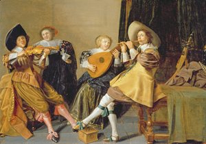 Et elegant selskap som spiller musikk i et interiør av Dirck Hals