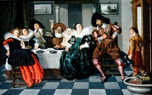 Elegant selskap ved et bord i et interiør (olje på panel) av Dirck Hals
