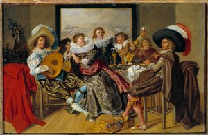 Galant møtemusikere og unge kvinner som spiller musikk og hever brillene på en fest. Maleri av Dirk Hals (1591-1656) 1625 søn. 0,3x0,46 m
