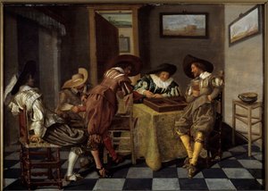 Delen av tri-trac (tri-trac: gammelt backgammon-spill). Maleri av Dirk Hals (1591-1656), ca 1615-1625. Olje på tre. Mål: 0,38 X 0,53 m. Lille, Musee Des Beaux Arts - Tic-trac-spillere ("Trictrac: eldgammelt backgammonspill). Maleri av Dirk Hals (159