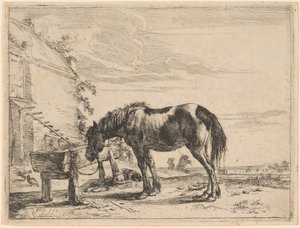 En hest bundet til et fôrtrau av Dirck Stoop
