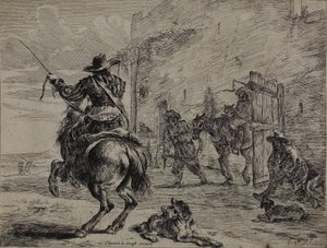 Rearing Horse, Near a Stall, plate en fra Series of Horses av Dirck Stoop