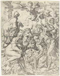 Tilbedelse av hyrdene Menneskehetens fall og forløsning gjennom Kristi liv og lidenskap (serietittel) av Dirck Volckertsz. Coornhert (attributed to)
