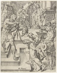 Kristus før Kaifas Menneskehetens fall og forløsning gjennom Kristi liv og lidenskap (serietittel) av Dirck Volckertsz. Coornhert (attributed to)