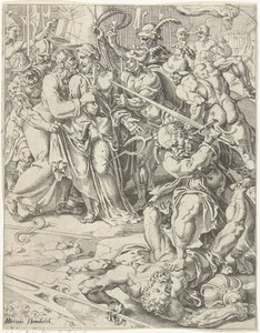 Judas kyss og arrestasjon av Kristus Menneskehetens fall og forløsning gjennom Kristi liv og lidenskap (serietittel) av Dirck Volckertsz. Coornhert (attributed to)
