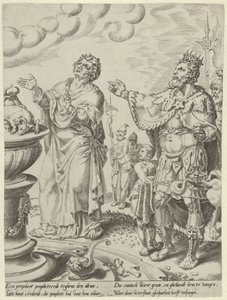 Kong Jeroboam og Guds mann foran alteret Story of the Disobedient Man of God (serietittel) av Dirck Volckertsz. Coornhert (attributed to)