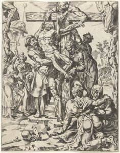 Nedstigning fra korset Menneskehetens fall og forløsning gjennom Kristi liv og lidenskap (serietittel) av Dirck Volckertsz. Coornhert (attributed to)