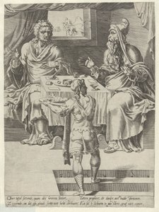 Måltid til Guds mann og den gamle profeten Story of the Disobedient Man of God (serietittel) av Dirck Volckertsz. Coornhert (attributed to)