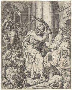 Utvisning av pengevekslerne fra templet Menneskehetens fall og forløsning gjennom Kristi liv og lidenskap (serietittel) av Dirck Volckertsz. Coornhert (attributed to)