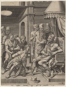 Den ubarmhjertige tjeneren brakt frem for kongen av Dirck Volckertz Coornhert, after Maerten van Heemskerck