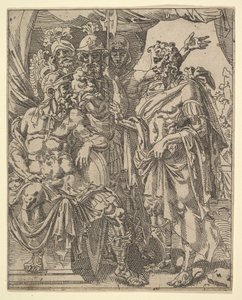 Achior bønnfaller Holofernes for israelittene, fra historien om Judith og Holofernes.