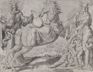 Foolish Knowledge og Foolish Love Trying to Restrain the World, fra The Unrestrained Wor..., 1550. av Dirck Volkertsen Coornhert