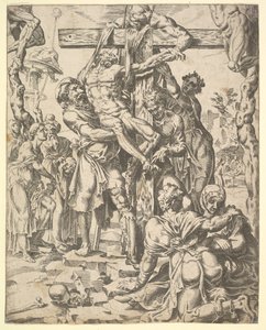 The Descent from the Cross, from The Fall and Salvation of Mankind through the Life and Pa..., 1548.    1182197   no       norwegian Successfully Translated  Original: Vuur De vier elementen (series title) Translat: Vuur De vier elementen (series title) 13 av Dirck Volkertsen Coornhert
