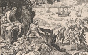 De keiserlige troppene som bringer sivilisasjonen til indianerne, fra The Victories of Emperor Ch..., 1555. av Dirck Volkertsen Coornhert