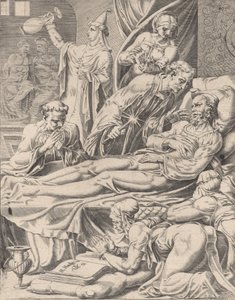 Den rike mannen på dødsleiet, fra Lignelsen om Lazarus og den rike mannen, plate 2, 1551.