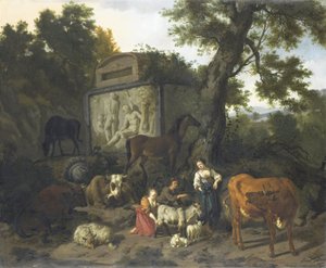 Landskap med gjetere og storfe nær en grav av Dirck van Bergen
