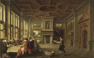 Diner distingue dans un interieur - Distinguished Dinner Company in an Interior, av Delen, Dirck van (ca. 1605-1671). Olje på lerret
