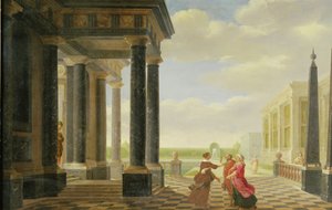 Figurer i samtale i en klassisk setting av Dirck van Delen