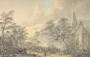 Kampscene med kirke til høyre, ca. 1790-1800. av Dirk Langendijk
