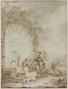 Frontispice for et album med tegninger: Peasants at a Fountain (recto) av Dirk Langendijk