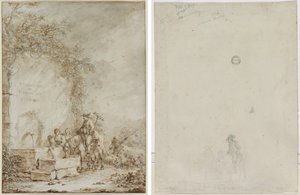 Frontispice for an Album of Drawings: Peasants at a Fountain (recto) Sketch of Peasants at a Fountain (verso) av Dirk Langendijk